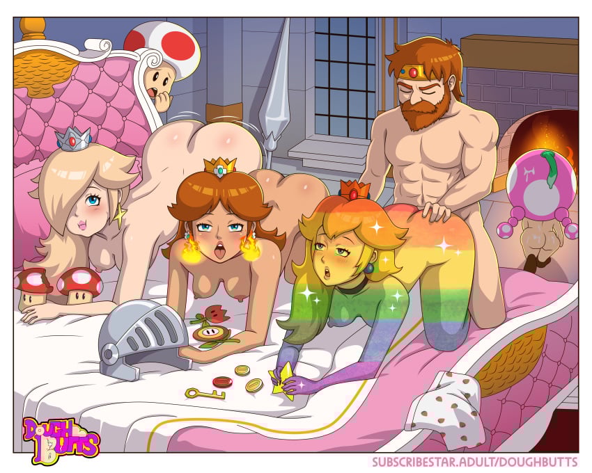 2boys 4girls ass ass_grab beard bed bedroom biceps blonde_hair blue_eyes breasts brown_hair capcom coins condom crown doggy_style doughbutts earrings eyes_closed facial_hair female fire fire_flower fireplace flower flower_earrings ghosts_'n_goblins green_condom hands_on_ass helmet human human_on_human indoors light-skinned_female light-skinned_male light_skin long_hair looking_at_viewer male male/female male_nipples mario_(series) mature mature_female mature_male multicolored_body multiple_girls muscular muscular_male mushroom mushroom_humanoid nintendo nipples nude nude_female nude_male open_mouth penis_in_pussy power_up prince princess princess_daisy princess_peach princess_rosalina royalty sex sir_arthur star straight straight_sex super_star toad_(mario) toadette tongue tongue_out vaginal_penetration vaginal_sex voluptuous voluptuous_female