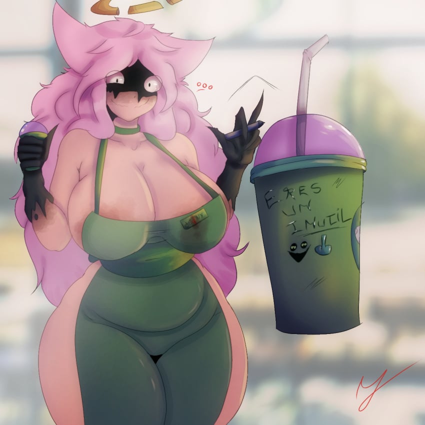 1girls big_breasts breasts claws dedny_(huesosdry) demon_girl hair huesosdry nude nude_female pink_hair spanish_text starbucks tagme
