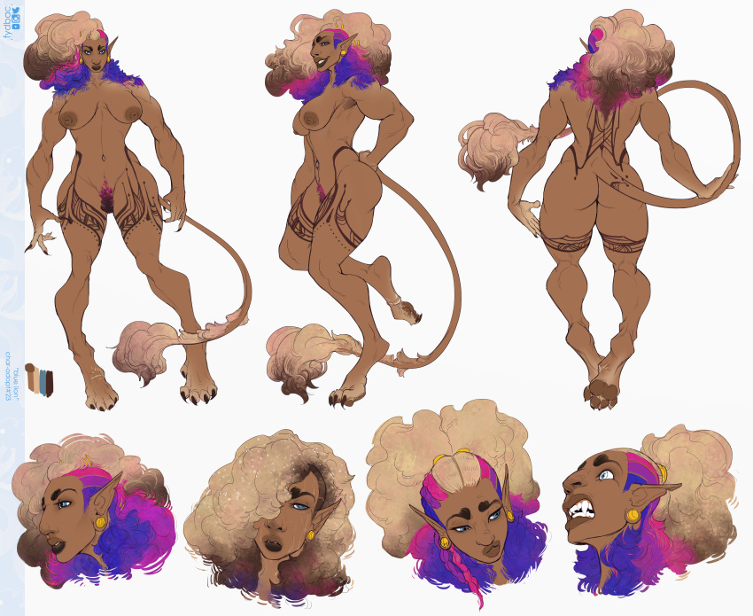 absurd_res anthro bisexual_pride_colors blue_eyes breasts digitigrade felid female fydbac hair hi_res humanoid_pointy_ears leona lgbt_pride_colors lion mammal mane muscular muscular_female pantherine pride_colors purple_hair tan_hair tattoo