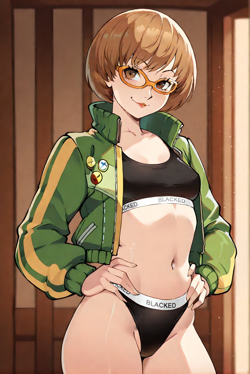 1female 1girls ai ai_assisted ai_generated blacked blacked_clothing blackedcommiss1 female looking_at_viewer persona persona_4 satonaka_chie smile smiling smug solo solo_female solo_focus