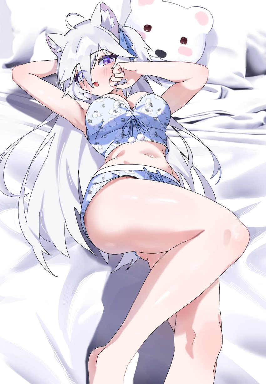 1girl animal_ears bear bear_ears bear_girl big_breasts breasts female fuufie gurumie indie_virtual_youtuber laying_on_bed pajamas tummy vtuber white_hair