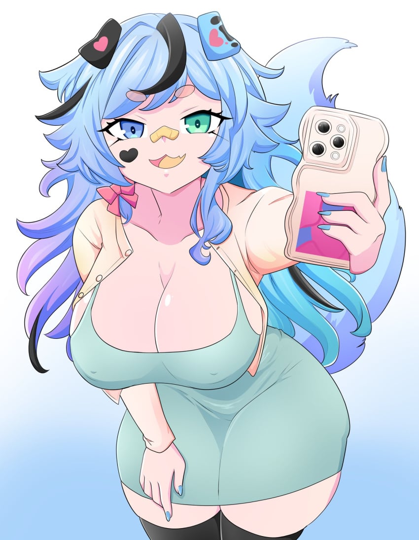 bandaid_on_nose black_hair blue_eyes blue_hair blue_nails cellphone cleavage cowboy_shot dog_ears dog_girl dog_tail fangs female gradient_background gradient_hair green_eyes heterochromia holding_cellphone hunikin large_breasts looking_at_viewer muugumemo nail_polish purple_hair streaked_hair virtual_youtuber yellow_tongue