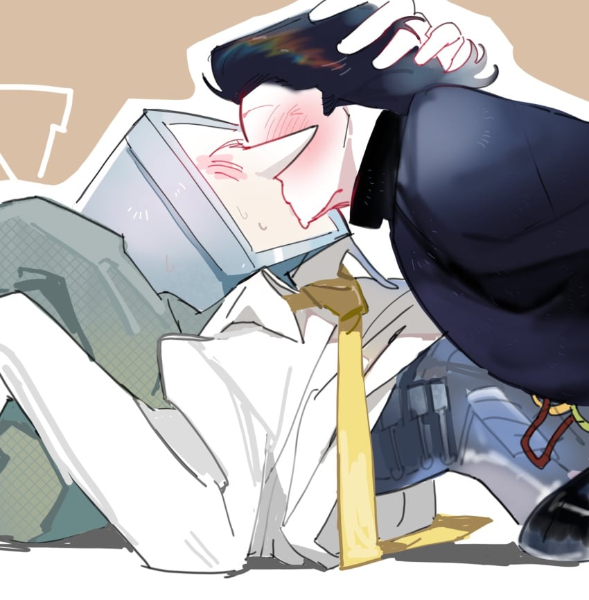 2025 2boys arched_back black_hair blush blush_lines clothed clothed_male clothes clothing color colored deltarune deltarune_chapter_3 digital_drawing_(artwork) digital_media_(artwork) gay gay_male hand_on_head hi_res high_resolution highres kissing male male/male male_focus male_only pointy_nose robot robot_humanoid shirt_lift shirt_up spamton_g_spamton tenna_(deltarune) tie transparent transparent_body tv tv_head wires yaoi