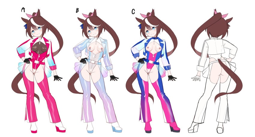 absurdres animal_ears ass black_gloves blue_eyes bow breasts brown_hair chaps female full_body gloves hairbow highleg highleg_leotard highres holographic_clothing horse_ears horse_girl horse_tail iridescent jacket leotard long_hair multicolored_hair multicolored_jacket nipple_piercing nipples piercing pink_bow platform_heels ponytail pussy pussy_piercing race_queen streaked_hair tail tokai_teio_(umamusume) two-tone_hair ugohato umamusume white_hair