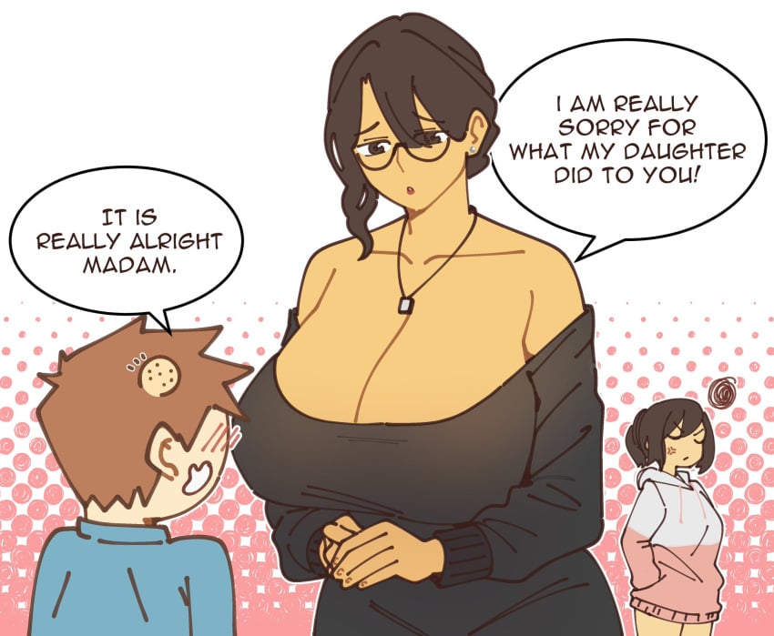 1boy 1boy2girls 2d 2d_(artwork) 2girls 2girls1boy anger_symbol apologizing apology background_character black_sweater blue_shirt blush breasts breasts_bigger_than_head brown_hair bump color earring english english_dialogue english_text ffm glasses hurt large_breasts mayu_naisu mother mother_and_child mother_and_daughter necklace no_sex(yet) oc older_female older_female_and_younger_male original original_character original_characters pink_sweater ponytail sweater white_sweater younger_male