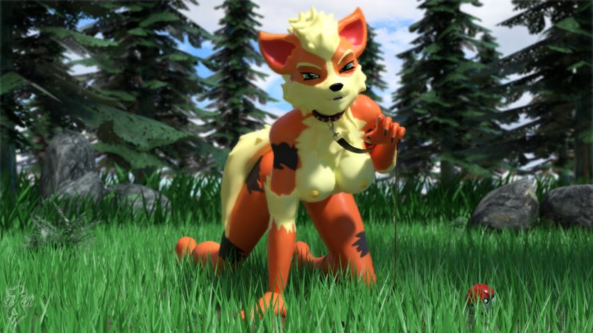 16:9 1girls 3d all_fours anthro anthrofied arcanine breasts canine claws collar digital_media_(artwork) female furry green_eyes hi_res leash looking_at_viewer mammal nintendo nipples nude original_character pokémorph poke_ball pokemon pokemon_(species) pokemon_rgby snow_kitsune video_games