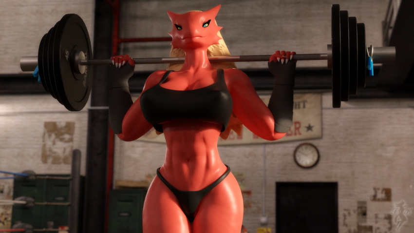 1girls 3d abs anthro anthrofied arm_wraps big_breasts blaziken blue_eyes breasts cleavage clothed clothing digital_media_(artwork) female gym hi_res looking_at_viewer muscular muscular_female nintendo nipple_outline original_character pokemon pokemon_(species) pokemon_rse smile snow_kitsune solo thick_thighs video_games weights wide_hips wraps