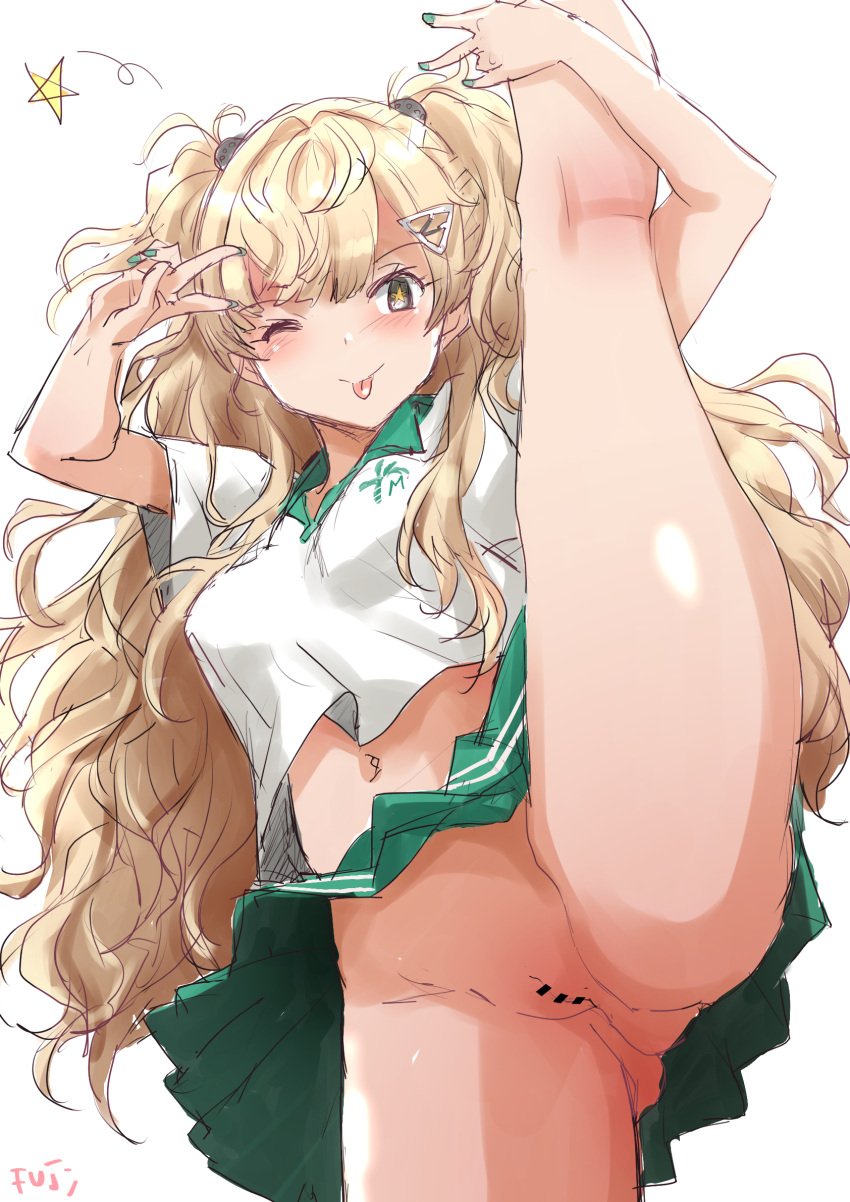 bar_censor blonde_hair blush censored double_v female fuji_(pixiv24804665) green_skirt grey_eyes hair_ornament hairclip hand_on_own_leg highres holding_own_leg kantai_collection kneepits leg_hold leg_lift leg_up long_hair looking_at_viewer minneapolis_(kancolle) minneapolis_(tennis)_(kancolle) navel no_panties official_alternate_costume one_eye_closed pleated_skirt polo_shirt pussy shirt simple_background skirt smile solo split spoken_star sportswear standing standing_on_one_leg standing_split star_(symbol) tennis_uniform thighs tongue tongue_out two_side_up v wavy_hair white_background white_shirt