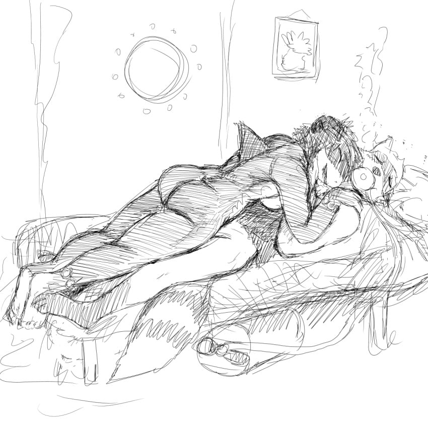 1:1 2019 after_sex anthro ass bare_back bed breasts bubble closed_eyes duo female fin fish fur furniture hand_on_shoulder hi_res hladilnik inside male mammal marine mostly_nude nude on_bed paws procyonid raccoon ringtail shark side_boob side_view sketch sleeping smile straight underwater water