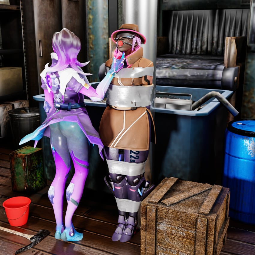 3d 3d_(artwork) activision alternate_costume blizzard_entertainment bondage commission cyber_detective_sojourn dark-skinned_female dark_skin defeated defeated_heroine female female_focus female_only nghiahp72 olivia_colomar overwatch overwatch_2 png sojourn_(overwatch) sombra vivian_chase yuri