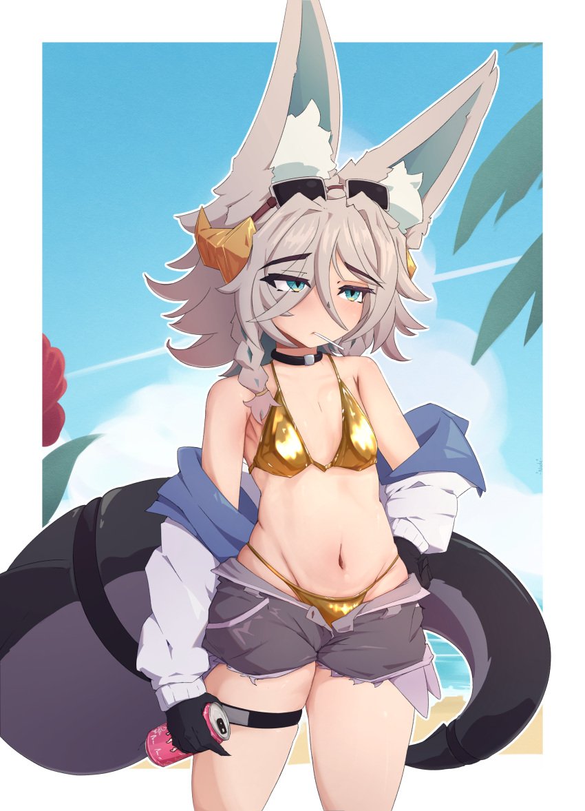 beach belly_button big_ears big_tail big_thighs bikini bra breasts claws crossdressing dragon dragon_boy dragon_tail ear energy_drink femboy fluffy fluffy_ears glasses golden_retriever golden_week jacket loose_clothes male male_breasts monster nade_arts sea shark_tail small_breasts sunglasses tail thighs underwear wide_hips