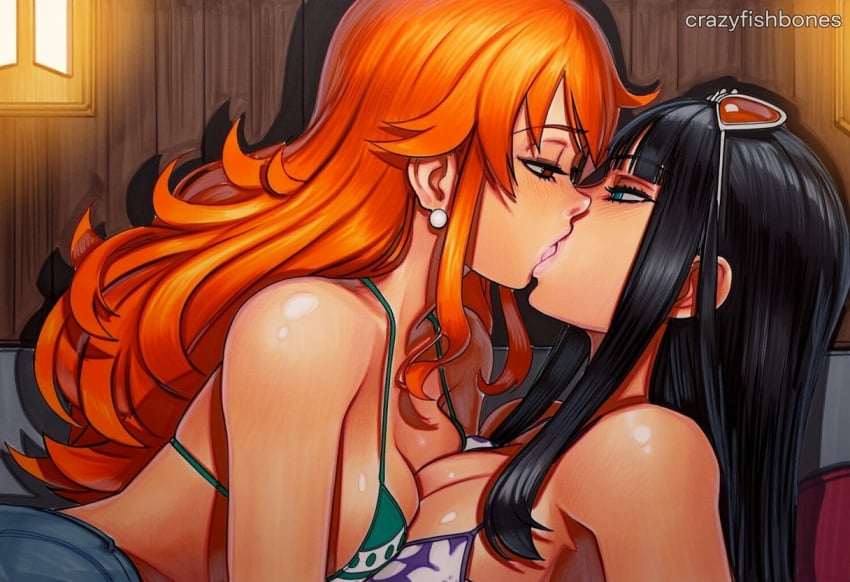 2025 2girls ai_generated artist_name black_hair breasts clothing crazyfishbones female female_only kissing long_hair looking_at_another multiple_girls nami_(one_piece) nico_robin one_piece orange_hair yuri