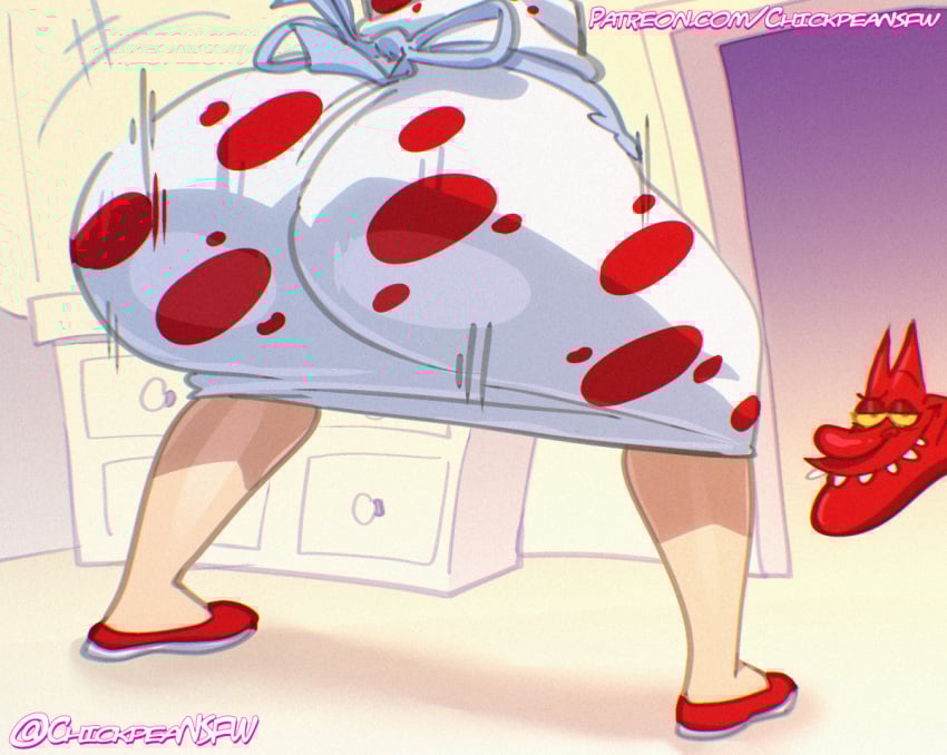 1boy 1girls apron artist_name ass ass_focus ass_shake back back_view background big_nose breasts cartoon_network chickpea cow_and_chicken demon demon_horns digital_drawing_(artwork) dress faceless_female female funny funny_face gradient_background hair horns housewife huge_ass looking_at_viewer male milf mom_(cow_and_chicken) motion_lines nose patreon raised_eyebrow rear_view sfw shaking shaking_breasts shaking_butt shoes simple_background smile smiling smiling_at_viewer smirk smirking smirking_at_viewer spots spotted_clothing spotted_dress teeth teeth_showing teeth_visible the_red_guy twerk twerking uncensored warner_brothers white_dress