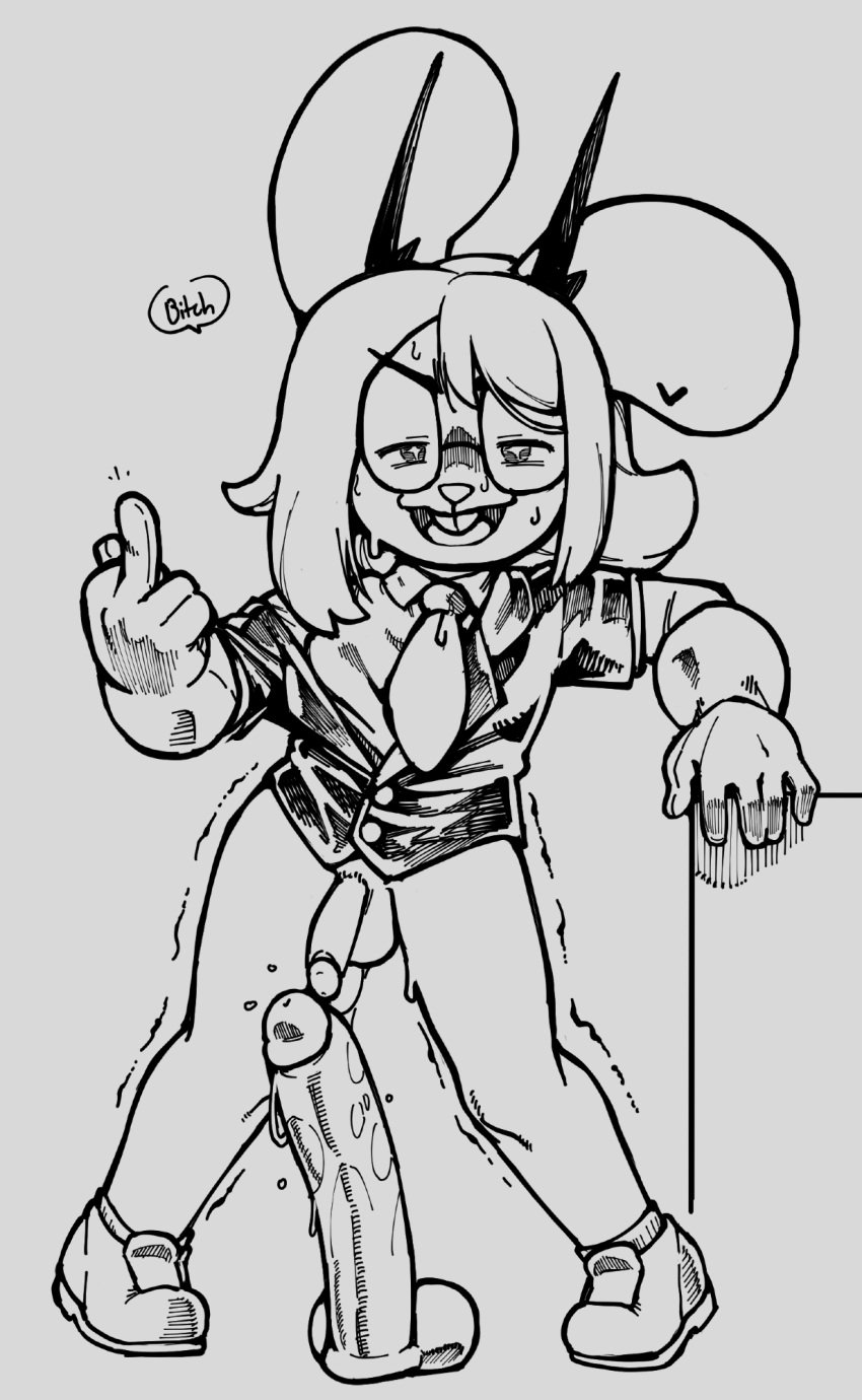 2025 5_fingers after_anal after_anal_masturbation after_anal_penetration after_masturbation anthro antlers balls bangs big_dildo biped bodily_fluids bottomless bottomless_anthro bottomless_male buckteeth clothed clothed_anthro clothed_male clothing collared_shirt dialogue dildo dress_shirt emanata english_text eyewear fingers flaccid flipping_viewer_off footwear front_view full-length_portrait genitals gesture gesturing_at_viewer glasses gloves greyscale hand_gesture handwear hi_res horn humanoid_genitalia humanoid_hands humanoid_penis jackalope knock-kneed lagomorph looking_at_viewer male male_anthro mammal middle_finger monochrome narrowed_eyes necktie noahdoesart open_mouth open_smile penis pigeon_toed plantigrade portrait profanity sex_toy shaking shaking_legs shirt shoes smile smiling_at_viewer sneakers solo speech_bubble standing sweat teeth text topwear trembling vest wearing_glasses wyatt_(anaugi)