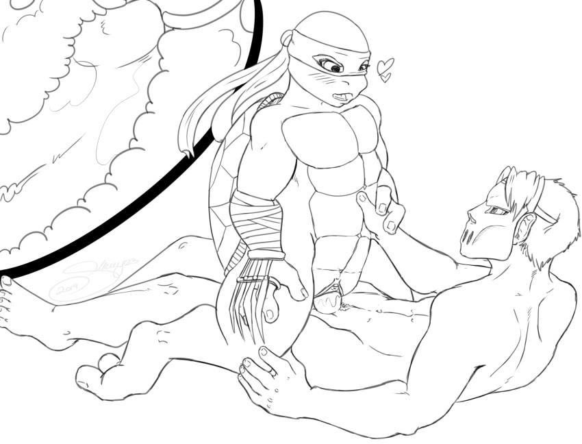 2_toes 3_fingers anthro bald bald_female bandana bodily_fluids casey_jones claws clothed clothing cowgirl_position featureless_chest female female_penetrated fingers genital_fluids hi_res hockey_mask interspecies jennika_(tmnt) looking_at_another looking_at_partner looking_down male male_on_anthro male_penetrating male_penetrating_female mask ninja nude on_top partially_clothed penetration penis pussy sex shockley23 sports_mask sportswear straight teenage_mutant_ninja_turtles toes vaginal_penetration warrior weapon x-ray