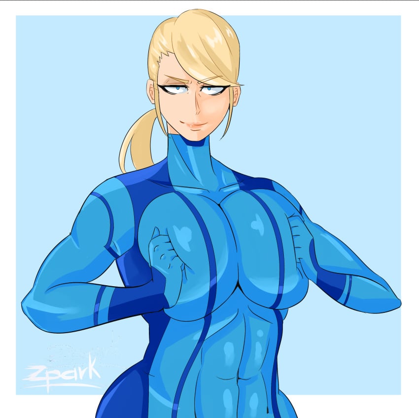 abs big_breasts blonde_hair bodysuit breast_press female gloves half-closed_eyes huge_breasts impossible_clothes large_breasts looking_at_viewer metroid metroid_prime muscle_tone muscular muscular_female nintendo pressing_breasts_together samus_aran skin_tight smile smirk solo toned toned_female zero_suit zero_suit_samus zpark