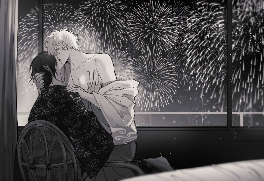 2boys cln0621uandesu detailed_background fireworks french_kiss gay gintama gintoki_sakata hand_on_another's_head implied_sex intimate kimono kissing male male_only monochrome no_visible_genitalia off_shoulder pec_grab pec_grasp pecs romantic_ambiance sitting sitting_on_lap sitting_on_person straddling takasugi_shinsuke yaoi