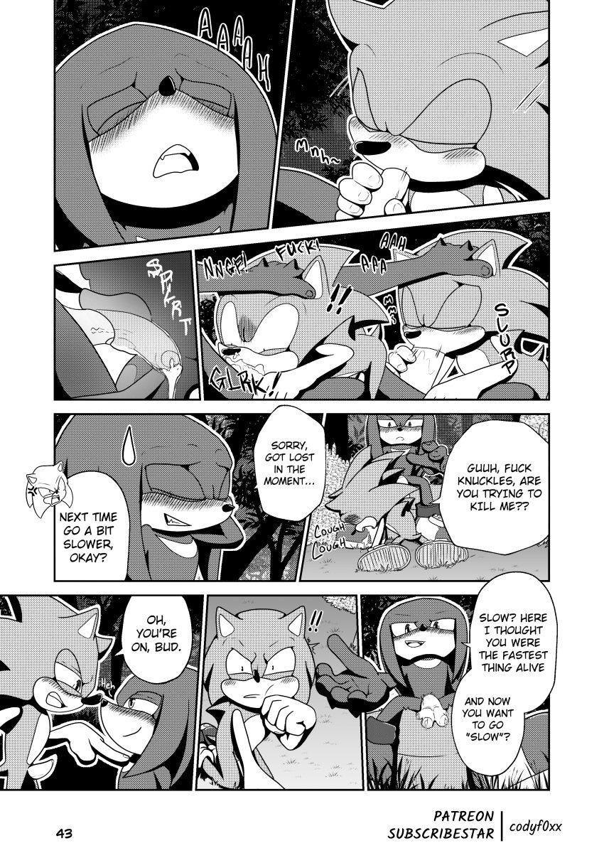 absurd_res angel_island animal_genitalia animal_penis blush blush_lines bodily_fluids clothed clothing codyf0xx comic coughing_cum cum cum_in_mouth cum_inside deep_throat echidna echidna_penis english_text eulipotyphlan footwear forest genital_fluids genitals greyscale hedgehog hi_res knuckles_the_echidna male mammal manga_style monochrome monotreme oral oral_penetration partially_clothed penetration penis plant profanity sega shoes sonic_(series) sonic_the_hedgehog sonic_the_hedgehog_(series) speech_bubble text tree