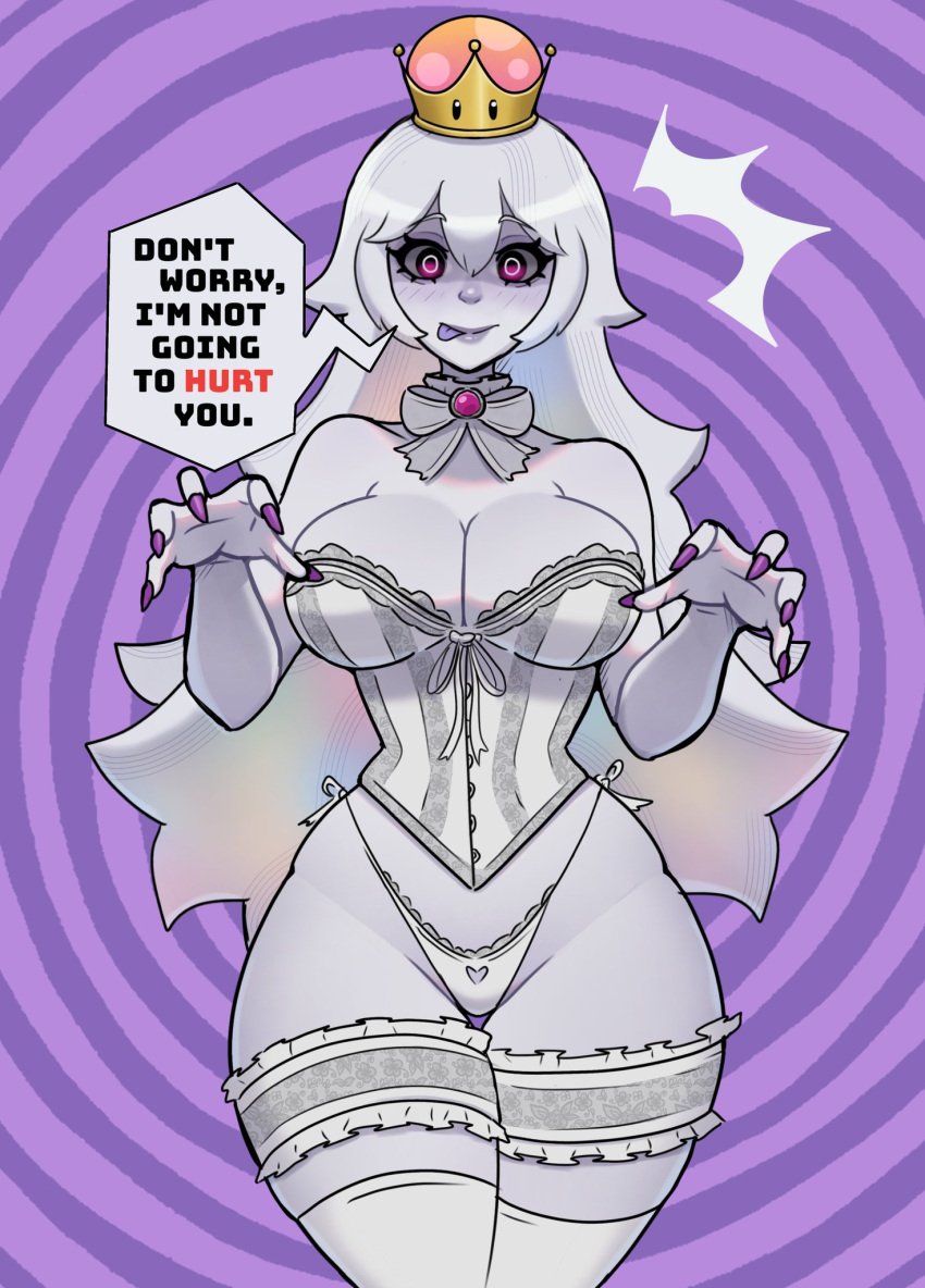 1girls 2hot! ass big_ass big_breasts big_thighs boosette breasts curvy curvy_female curvy_hips fan_character female female_focus female_only light-skinned_female light_skin lingerie long_hair looking_at_viewer mario_(series) nintendo rule_63 solo solo_female super_crown talking_to_viewer text text_bubble thigh_highs thighs white_hair