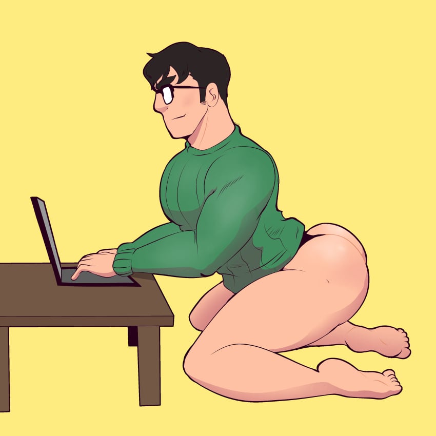 ass ass_focus bara big_butt clark_kent clark_kent_(my_adventures_with_superman) clothed computer dc dc_comics feet glasses half-dressed half_naked my_adventures_with_superman niz shiny_skin superman sweater thick_thighs thong typing