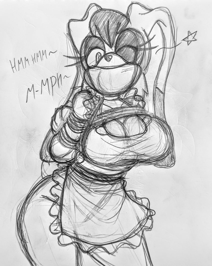 1girls anthro apron apron_only arms_behind_back arms_bound arms_bound_behind_back arms_restrained arms_tied arms_tied_behind_back big_breasts big_breasts bondage bound_arms breasts breasts bunny_ears curvaceous curvy curvy_body curvy_female curvy_figure curvy_hips darkman-zero english english_text female female_only furry furry_female furry_only gag gagged gagged_female gagged_speech looking_at_viewer milf monochrome restrained restrained_arms restraints rope rope_bondage sketch solo solo_female sonic_(series) sonic_the_hedgehog_(series) star star_(symbol) tape tape_gag taped_mouth thick_thighs tied_arms vanilla_the_rabbit wink winking winking_at_viewer
