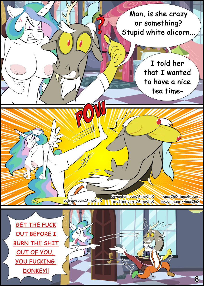 absurd_res alicorn amaichix anthro big_breasts breasts comic deviantart_username discord_(mlp) draconequus english_text equid female friendship_is_magic furaffinity_username hi_res horn huge_breasts inkbunny_username male mammal my_little_pony nude page_8 patreon_username princess_celestia_(mlp) pussy straight_hair wings