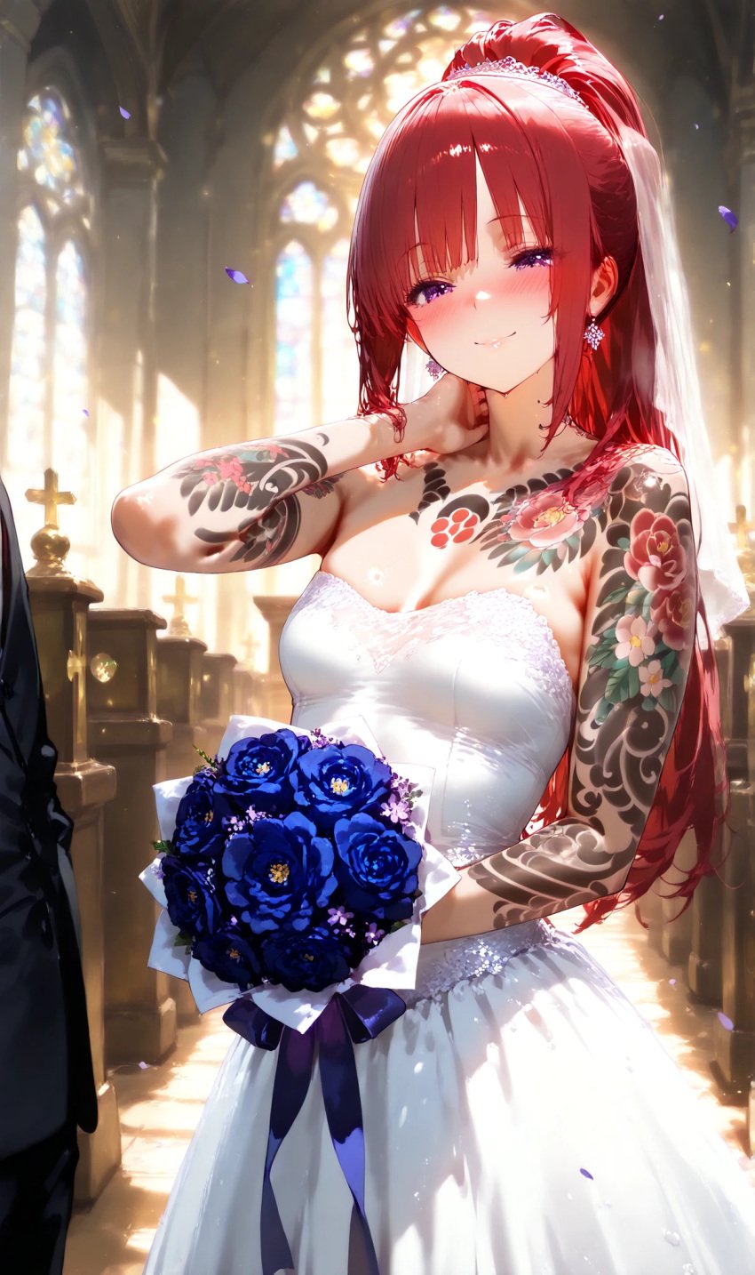 1girls ai_generated blush breasts bsandra female haruna_(bsandra) high_ponytail long_hair original original_character ponytail purple_hair red_hair small_breasts smirk tattoo tsundere wedding wedding_dress
