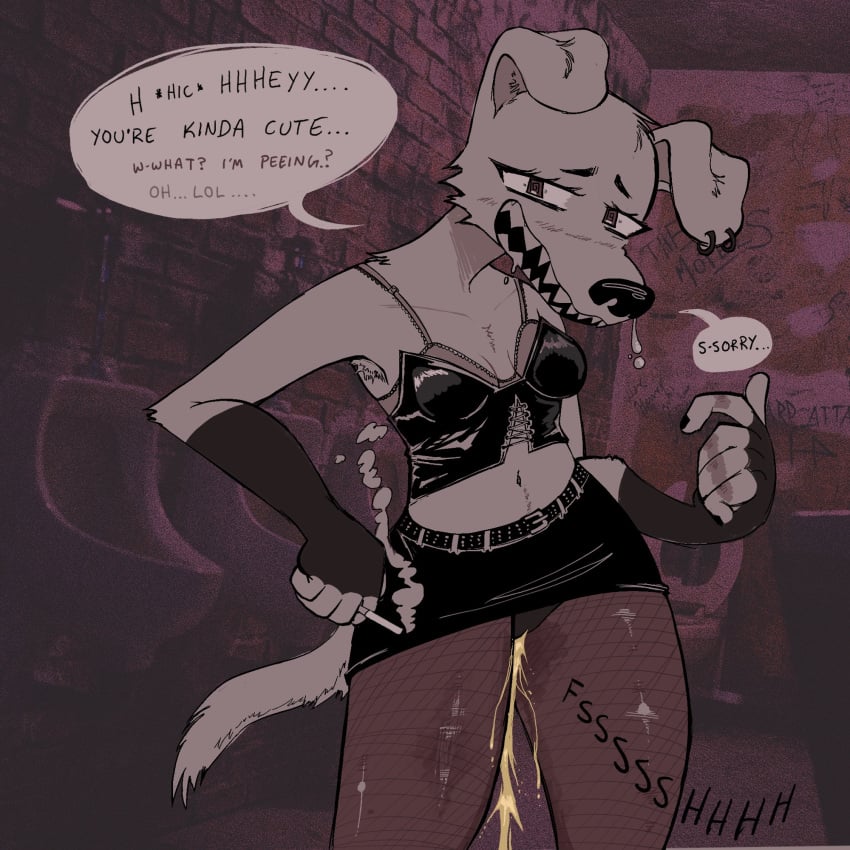 1:1 anthro apology armpit_hair bathroom belt biped black_belt bodily_fluids body_hair bottomwear bra canid canine canis cigarette clothing corset domestic_dog drooling ear_piercing ear_ring english_text female fingerless_gloves fishnet_clothing fishnet_legwear fishnet_tights flirting genital_fluids gloves graffiti graffiti_on_wall handwear hi_res hiccuping holding_cigarette holding_object ickyslicky legwear lingerie looking_at_viewer mammal miniskirt navel oblivious peeing photo_background photography_(artwork) piercing pupils ring_piercing saliva sharp_teeth skirt smile smoke smoking smoking_cigarette snot solo sound_effects speech_bubble spiral_eyes square_pupils studded_belt studs talking_to_viewer teeth text tights toilet topwear underwear urinal urine vowelless vowelless_sound_effect