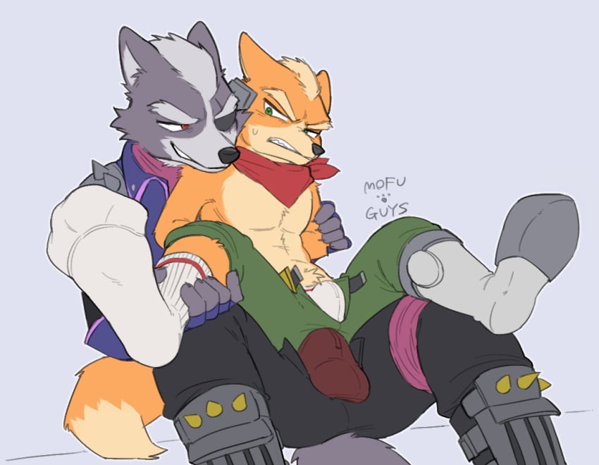 anthro balls_outline belt black_nose bodily_fluids boots bulge canid canine canis claws clothed clothing detailed_background detailed_bulge duo finger_claws footwear fox fox_mccloud fur genital_outline green_eyes grey_body grey_fur grimace male male/male mofu_guys multicolored_body multicolored_fur nintendo on_lap open_belt orange_body orange_fur red_eyes shoes simple_background sitting_on_lap socks star_fox sweat sweatdrop topless topless_male two_tone_body two_tone_fur underwear wolf wolf_o'donnell