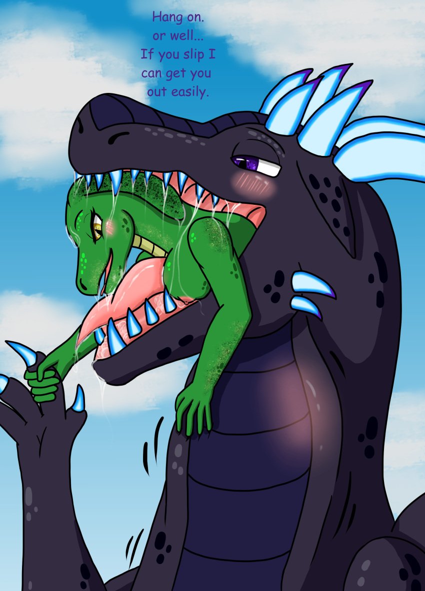 absurd_res alica_(sykari) anthro apode blush bodily_fluids breasts cloud draconcopode dragon duo female feral hi_res in_mouth legless looking_pleasured male male/female mythological_creature mythological_scalie mythology naga open_mouth reptile safe_vore saliva saliva_string scalie serpentine sky snake sykari sykari_(character) text vore willing_prey