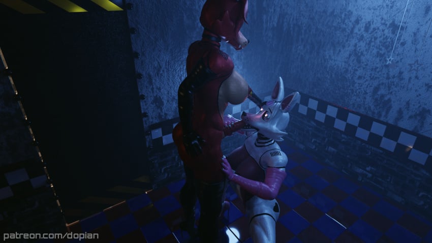 3d animatronic animatronic_female black_nails blowjob breasts breasts_out five_nights_at_freddy's five_nights_at_freddy's_2 fnaf foxy_(fnaf) furry furry_breasts furry_ears futa_on_female futa_with_female futanari heels looking_pleasured mangle_(fnaf) naked naked_female nude_female nude_futa nude_futanari pink_eyes red_body red_skin ring_piercing white_hair white_skin