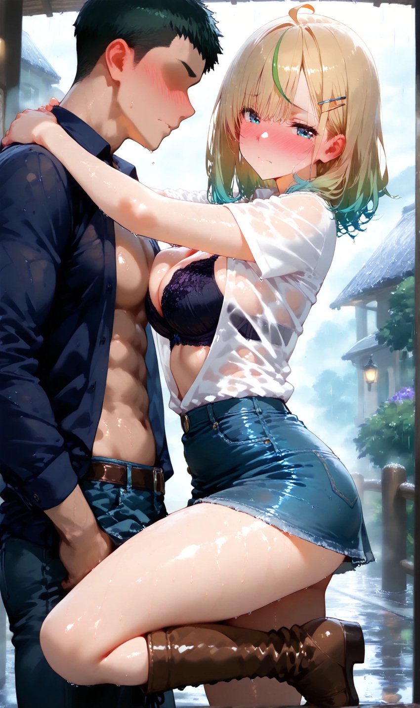 1boy 1girls ai_generated blonde_hair blue_eyes blush breasts bsandra female gradient_hair ksenia_(bsandra) male medium_breasts medium_hair original original_character russian shy unbottoned_shirt underwear wet wet_clothes