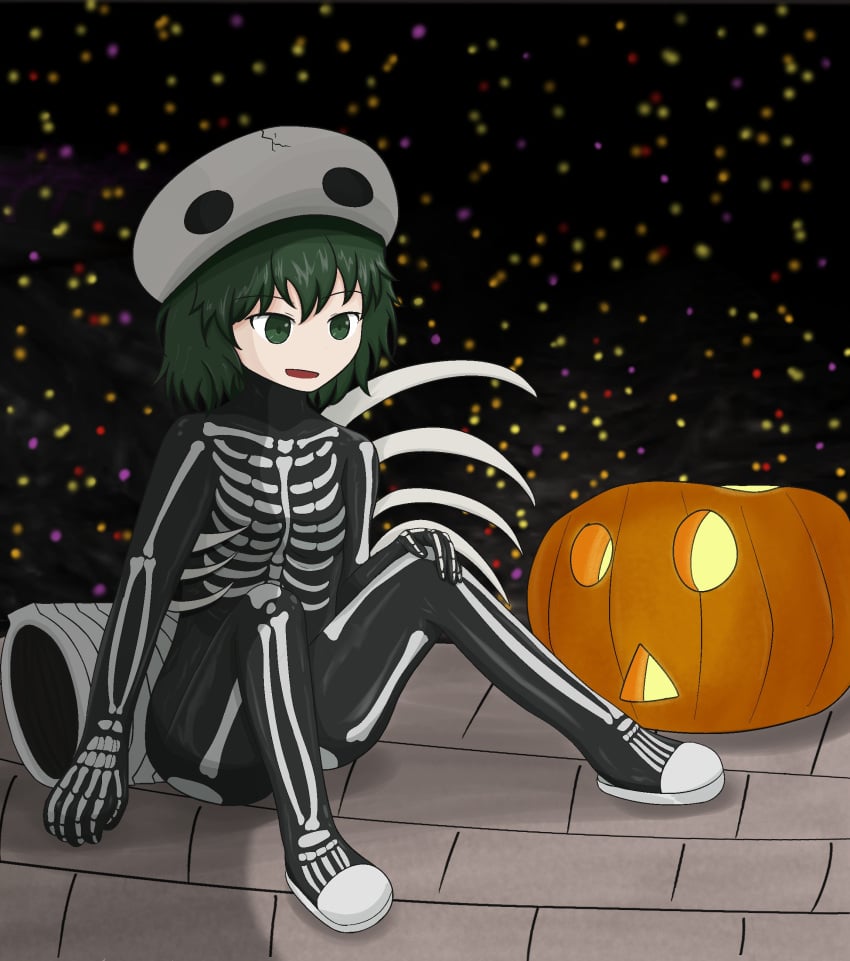 bone bones breasts clothed fully_clothed halloween iranko607 kitsugai_sese latex latex_clothing len'en pumpkin sese_kitsugai skeleton skeleton_(marking) skin_tight small_breasts tagme