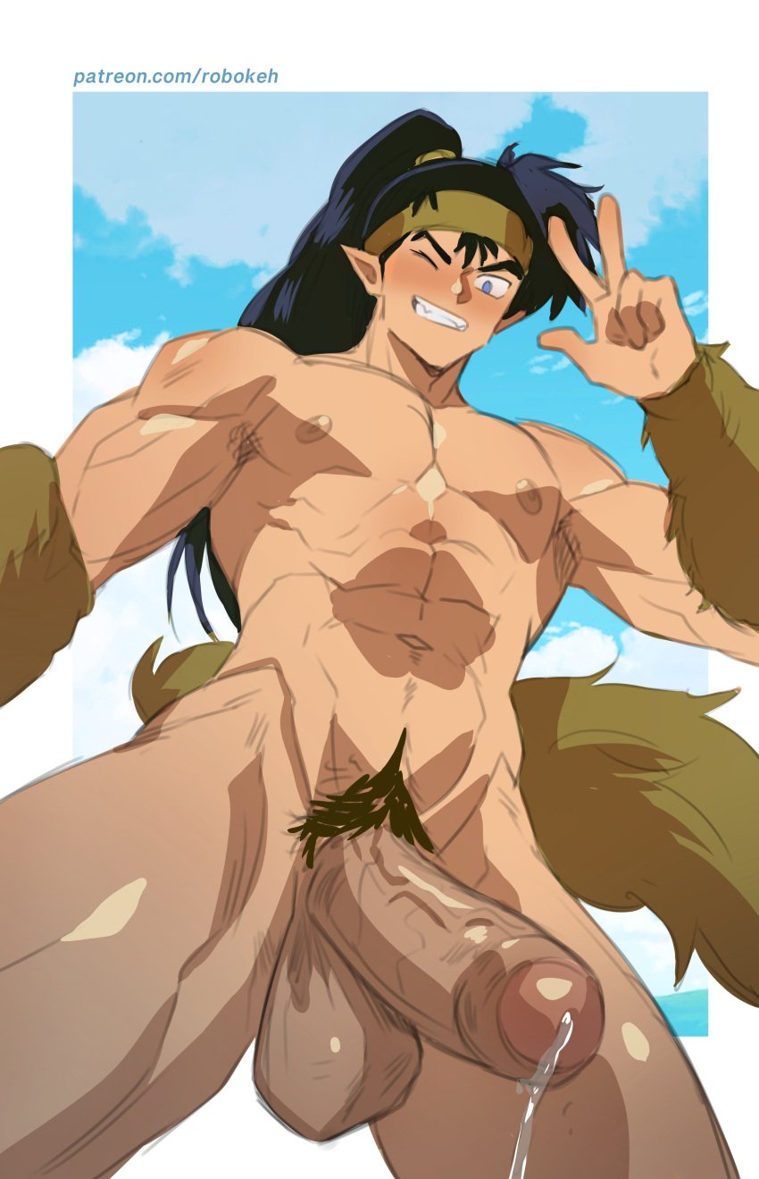 1boy bandana big_balls big_penis black_hair black_hair_male blue_eyes blue_eyes_male blush darker_penis dripping_precum fluffy_tail foreskin fur furry_arms hair_tail hanging_balls inuyasha koga looking_at_viewer looking_down low-angle_view male muscular muscular_male non-human patreon patreon_url penis pointy_ears precum precum_drip precum_dripping pubic_hair robokeh shadows shiny_skin sketchy sky smile smiling smiling_at_viewer solo solo_male tail tail_tuft tied_hair uncircumcised v_sign