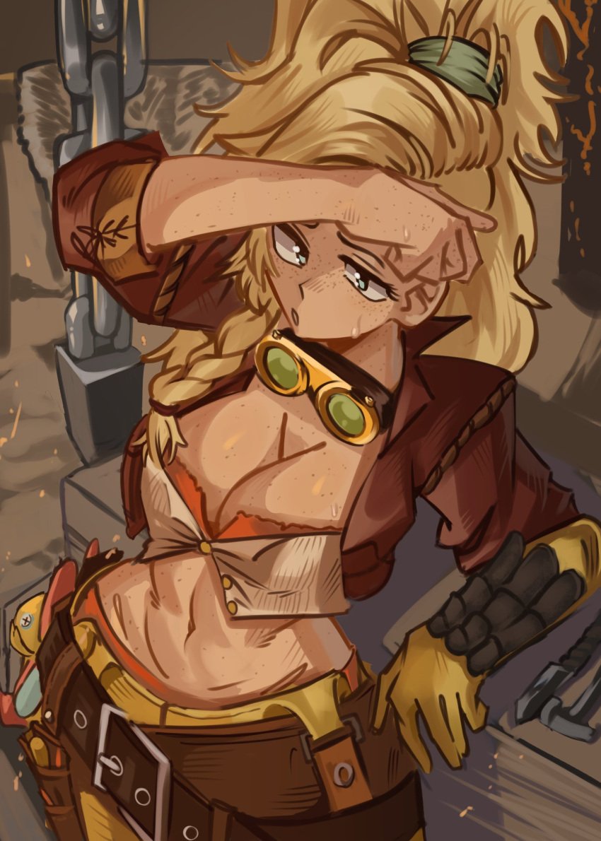 2025 blonde_hair blue_eyes braided_hair breasts brown_background capcom cleavage female female_only freckles freckles_on_breasts gemma_(monster_hunter_wilds) gloves long_hair midriff monster_hunter monster_hunter_wilds moxydrawsmore sweating tied_hair wide_hips