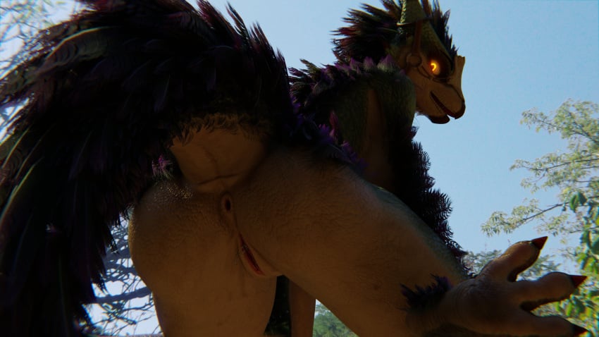 16:9 3d_(artwork) absurd_res anthro anus ass beak bent_over bird_wyvern blue_sky capcom claws day digital_media_(artwork) feathers female genitals glowing glowing_eyes hi_res looking_at_viewer looking_back looking_back_at_viewer monster_hunter mrs_dexie nature nature_background nude nude_anthro nude_female open_mouth plant pussy rear_view scalie seikret sky solo tail tree widescreen yellow_eyes