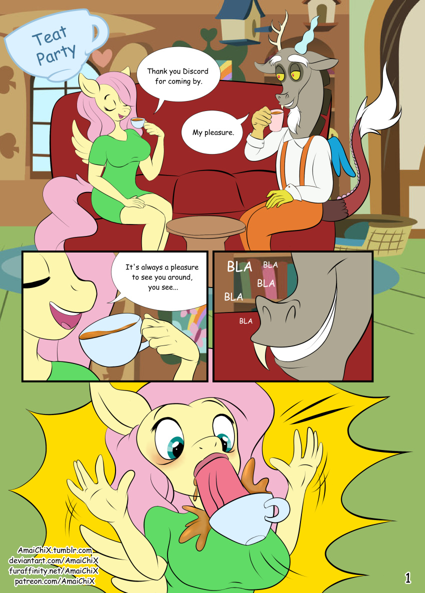 absurd_res amaichix anthro clothing comic cup deviantart_username discord_(mlp) draconequus english_text equid equine fellatio female fluttershy_(mlp) friendship_is_magic furaffinity_username furniture hi_res male mammal my_little_pony oral page_1 patreon_username penile penis pterippus sex sofa straight straight_hair tea_cup tumblr_username window wings