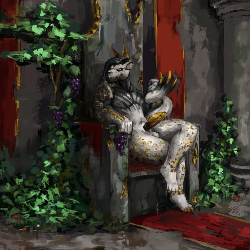 1:1 absurd_res chair dreadlocks felid food fruit furniture grape hi_res jaguar looking_at_viewer male male/male mammal pantherine plant presenting sitting smile smirk solo solo_focus tagme throne vekyn