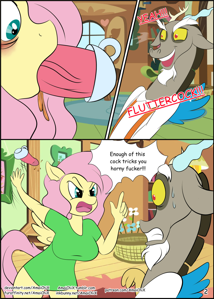 absurd_res amaichix anthro big_breasts bodily_fluids breasts clothing comic cup deviantart_username discord_(mlp) draconequus english_text equid equine fellatio female fluttershy_(mlp) friendship_is_magic furaffinity_username hi_res inkbunny_username male mammal my_little_pony oral page_2 patreon_username penile pterippus sex straight straight_hair sweat tea_cup tumblr_username wings