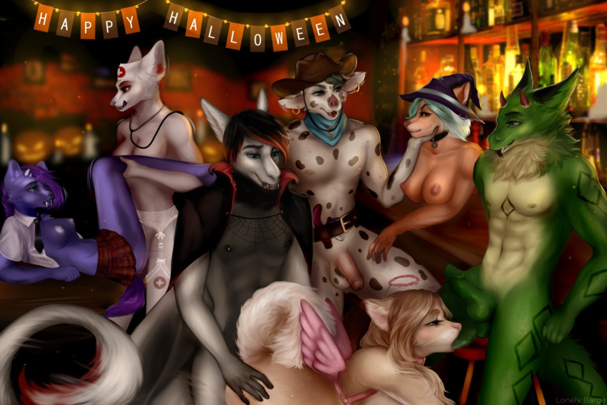 2019 5_fingers anthro ass autumn_character balls black_body black_ears black_fur breasts canid canine canis chiropteran clothed clothing collar dalmatian detailed_background digital_media_(artwork) domestic_dog ear_piercing ear_ring erection female fingers fur green_body green_fur group group_sex hair halloween headgear headwear holidays horn humanoid_penis jacques lonelybarge magena male mammal markings multicolored_body multicolored_fur nipples nude open_mouth oral oral_penetration penetration penis piercing plush_character sex smile spots straight straps tambi threesome tomilixak tongue topwear trio_focus tuft two_tone_body two_tone_fur vaginal_penetration white_body white_fur winter_character