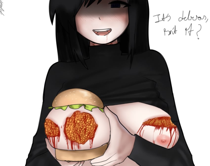 big_breasts black_hair blood burger colorless_kaina dark_eyes drooling english_text eroguro gender_transformation genderbend genderswap god_is_dead gore guro holding_breast mio_nakae mushoku_no_kaina nakae_mio rule_63 smiling vanity2112 why_are_you_viewing_this_shit