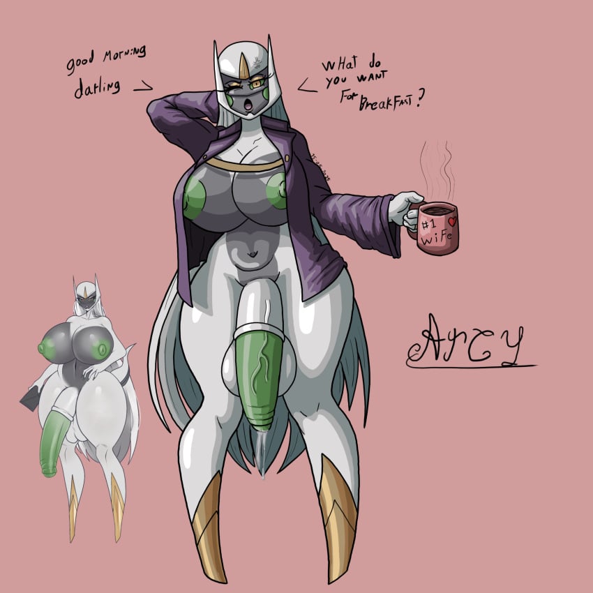 1:1 1:1_aspect_ratio 1futa alternate_color arceus arcy_(jeidan_limorty) areolae balls bottomless breasts creatures_(company) cum_drip cup dickgirl english_text futa_only futa_wife futanari game_freak gen_4_pokemon generation_4_pokemon green_areola green_nipples green_penis green_sclera gynomorph holding_mug huge_breasts humanoid humanoid_penis intersex jeidan_limorty legendary_pokemon long_hair looking_at_viewer mug mythical_pokemon nintendo nipples no_feet one_arm_behind_head one_eye_closed open_mouth open_shirt penis pokemon pokemon_dppt purple_clothes purple_clothing purple_shirt purple_topwear self_upload solo standing uncut veiny_penis very_long_hair white_hair wife yellow_eyes yellow_eyeshadow