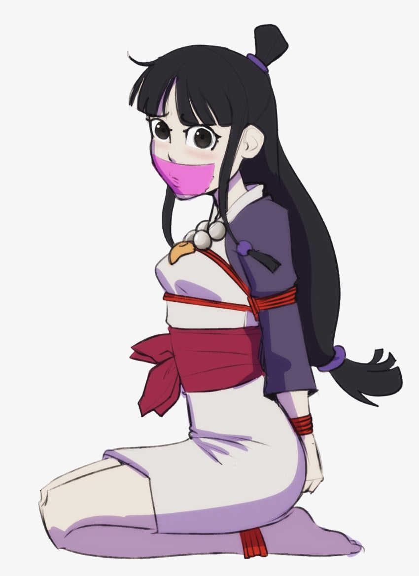 arms_behind_back black_eyes black_hair blush bondage bondage bound bound_arms bound_legs damsel_in_distress female gag gagged gyakuten_saiban gyakuten_saiban improvised_gag light_skin looking_at_viewer maya_fey rope sash scotchwaifus solo_female tape_gag taped_mouth top_knot