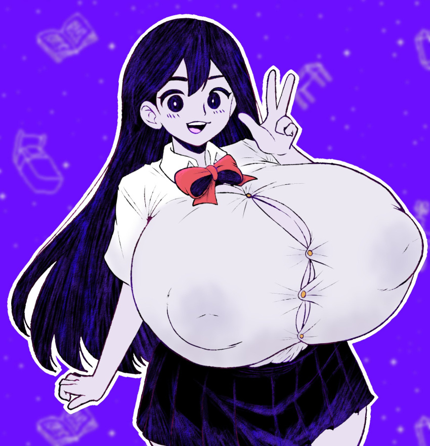 big_ass big_breasts big_hips breasts female hyper_breasts long_hair mari_(omori) nipple_bulge no_bra omori peace_sign posing school_uniform skirt spintopple top_heavy