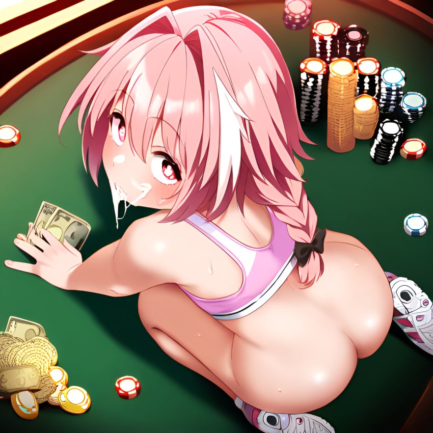 1boy a.i.ddicted ai_generated ass ass_focus astolfo_(fate) big_ass big_butt casino crop_top cum_in_mouth cum_on_face fate_(series) felation femboy feminine_male girly huge_ass huge_butt kneeling long_braid money neon_lights novelai pink_eyes pink_hair poker_chip poker_table pov smile sports_bra