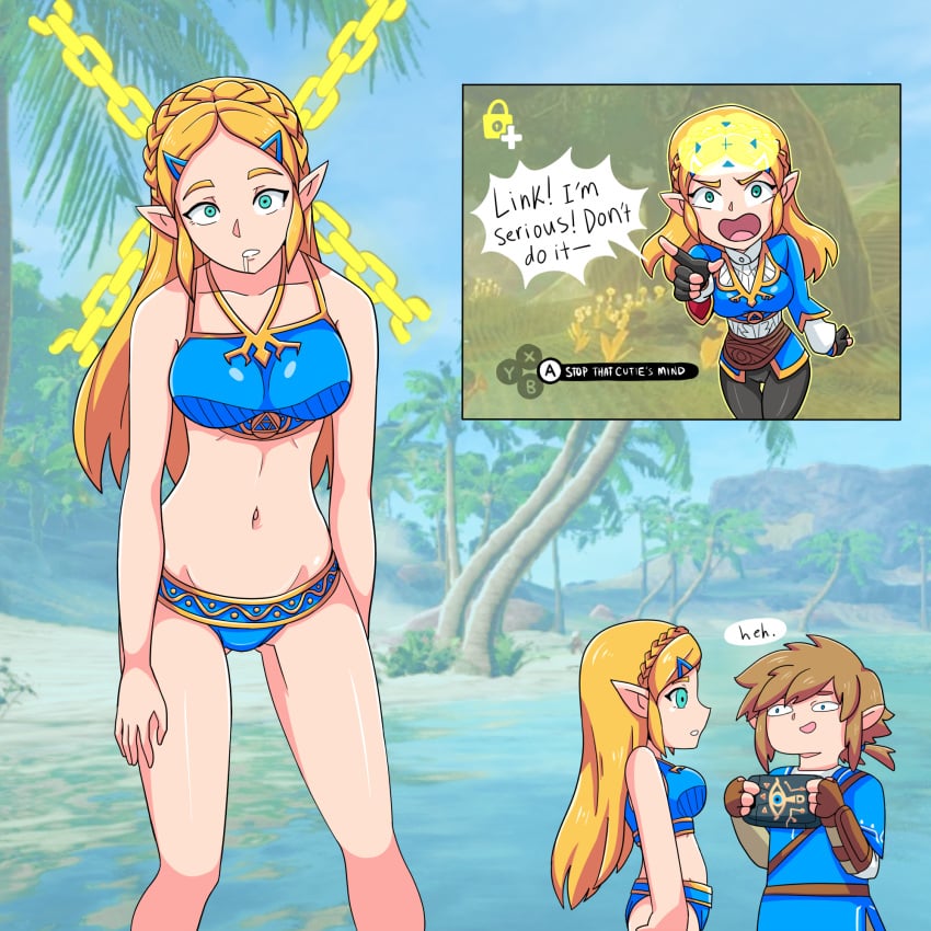 1:1 1:1_aspect_ratio 1boy 1girls 2020s 20s alternate_costume alternate_version_available armor arms_behind_back assertive_male beach big_breasts bikini black_pants blank_expression blank_stare blonde blonde_female blonde_hair blonde_hair_female blue_bikini blue_eyes blue_eyes_male blue_tunic braid brain breasts breath_of_the_wild brown_gloves brown_hair brown_hair_male cameltoe camera chains chibi chibi_inset cleft_of_venus crown_braid dialog dialogue dialogue_bubble dominant dominant_male domination domination/submission drooling electrickronos empty_eyes english english_dialogue english_text expressionless expressionless_face eye_contact eye_contact_pov female femsub fingerless_gloves gameplay_mechanics gauntlets gloves gold_trim green_eyes green_eyes_female green_hair hair_ornament hairclip head_tilt highres holding holding_tablet hylian hylian_ears hypnosis hypnotized large_breasts leaning_forward legs_apart light-skinned_female light-skinned_male light_skin link link_(breath_of_the_wild) long_hair long_hair_female long_sleeves looking_at_another looking_at_viewer magic male male_pov maledom midriff mind_control mindless navel nintendo open_mouth outdoors pants parted_lips photo_background png pointing pointy_ears pov pov_eye_contact princess princess_zelda runes saliva sand sheikah_slate shirt short_hair short_hair_male short_sleeves sidelocks speech_bubble split_screen standing standing_at_attention stasis stasis_rune submission submissive_female swimsuit tablet tablet_pc talking talking_to_another talking_to_viewer target text text_bubble the_legend_of_zelda the_legend_of_zelda:_breath_of_the_wild tight_clothes tight_clothing tight_pants tree tunic undershirt viewfinder water white_shirt x-ray x-ray_vision zelda_(breath_of_the_wild)