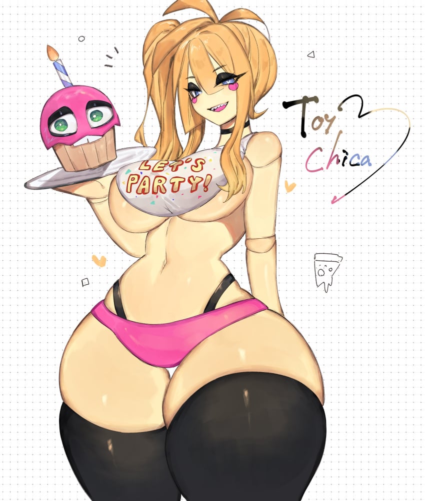 2020s 2024 2d 2d_(artwork) bib big_breasts big_thighs black_panties black_thighhighs bottom_heavy breasts clothed cupcake_(fnaf) five_nights_at_freddy's five_nights_at_freddy's_2 fully_clothed heart_eyes hi_res highres hips humanized large_thighs midriff navel pink_panties sharp_teeth skindentation solo solo_focus thick_thighs thigh_gap thighhighs thighs thong thong_straps toge77789 togetoge toy_chica_(fnaf) underboob whale_tail wide_hips yellow_body yellow_hair