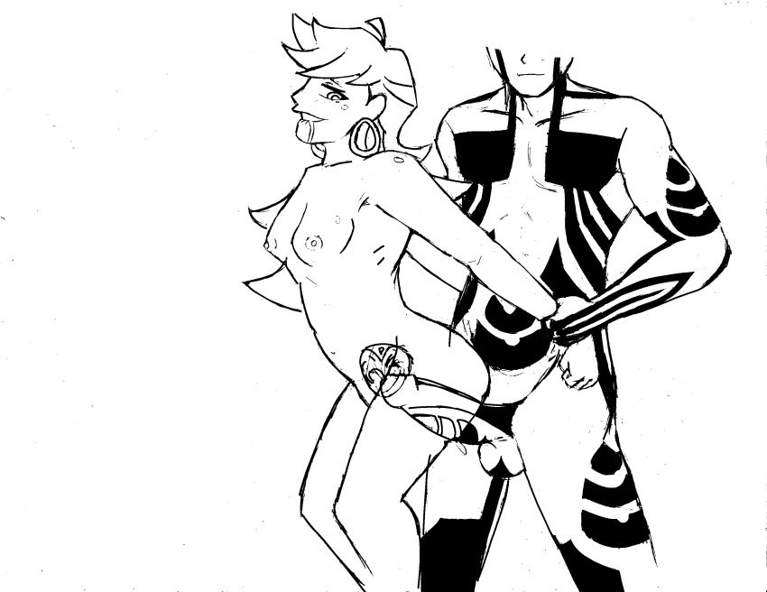 1boy 1girls angel biting_lip breasts cum_inside demi-fiend demon drooling earrings hitoshura looking_back megami_tensei monochrome panty_&_stocking_with_garterbelt panty_anarchy penis shin_megami_tensei shin_megami_tensei_iii:_nocturne sketch spiky_hair tattoo tattoos x-ray