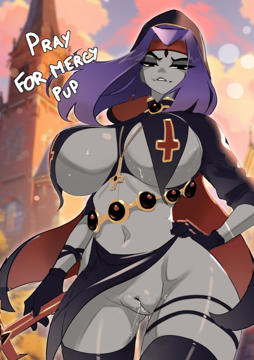 1girls 2d ashraely big_breasts breast_curtains breasts dc dc_comics dialogue english_text female hi_res hips huge_breasts light_skin nun nun's_habit purple_eyes purple_hair pussy rachel_roth raven_(dc) short_hair teen_titans thick_thighs thighs uncensored wide_hips