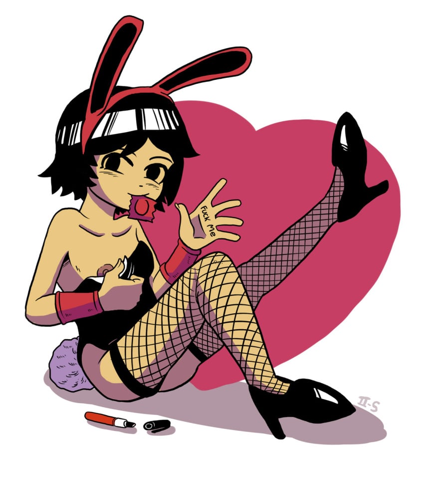 1girls asian black_eyes black_hair body_writing breasts bunny_ears bunny_tail bunnysuit chinese condom condom_in_mouth female fishnet_legwear fishnet_stockings fishnets heart heels knives_chau marker number_2s presenting presenting_breasts scott_pilgrim short_hair small_breasts solo solo_female thighhighs